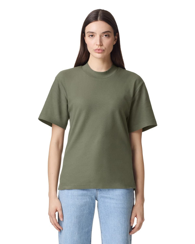 A unisex mockneck t-shirt in olive green, featuring short sleeves and a simple design. It has a logo on it.