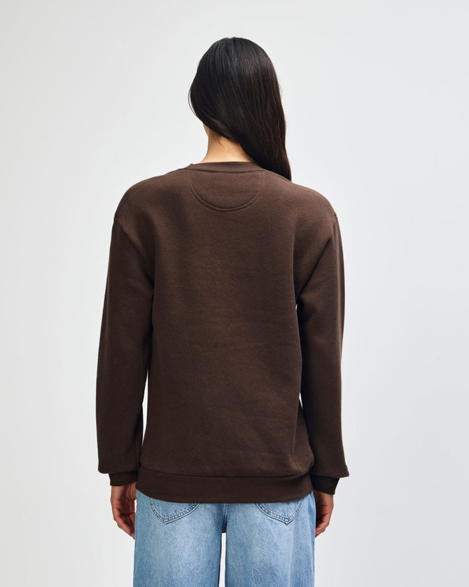 A unisex crewneck sweatshirt in brown, featuring long sleeves and a relaxed fit, with a logo on the back.