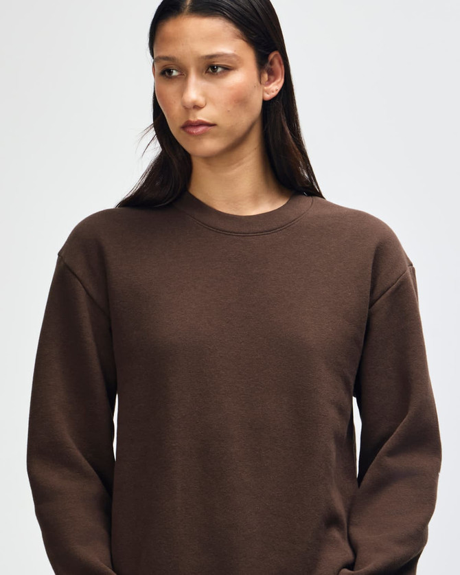 A unisex crewneck sweatshirt in a rich brown colour, featuring long sleeves and a standard fit. It has a logo.