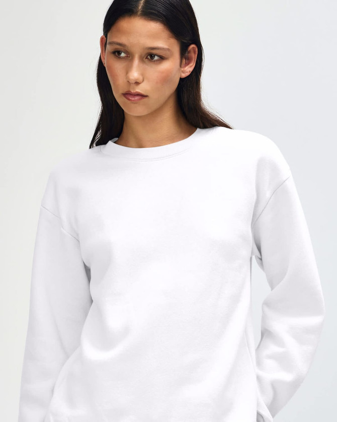 A unisex white crewneck sweatshirt, featuring a relaxed fit and a branding logo.