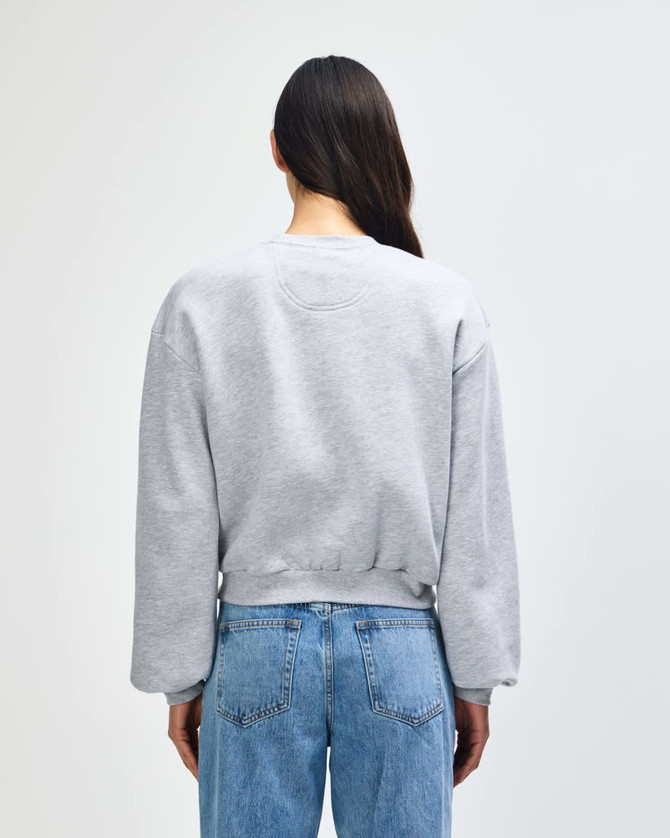 A women's crewneck sweatshirt in grey, featuring a relaxed fit and long sleeves, visible from the back.
