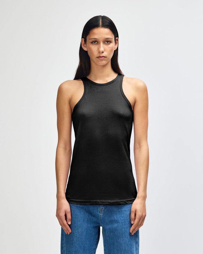 A black racerneck tank top for women with a fitted design and a logo. Ideal for casual wear.