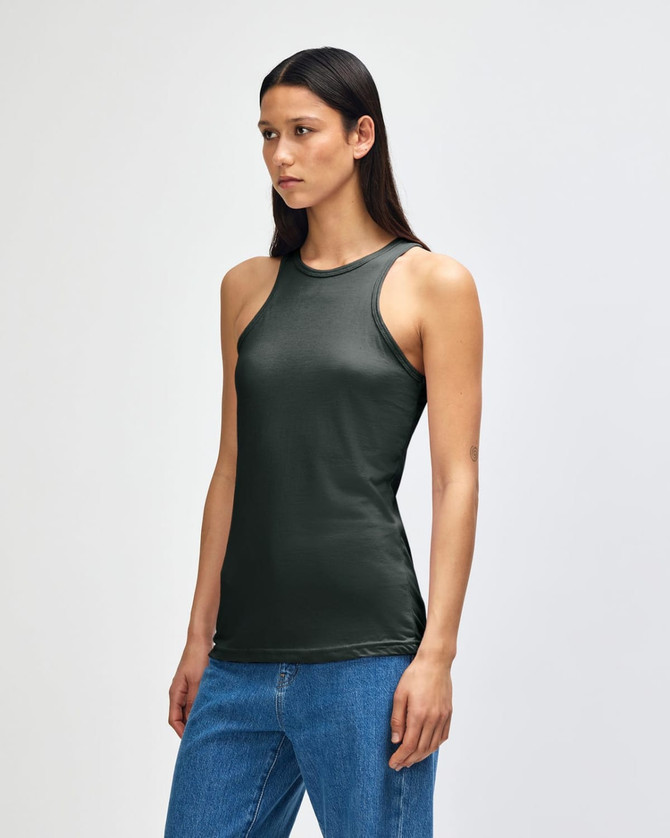 A women’s racerneck tank top in dark green, featuring a fitted design and a logo detail.