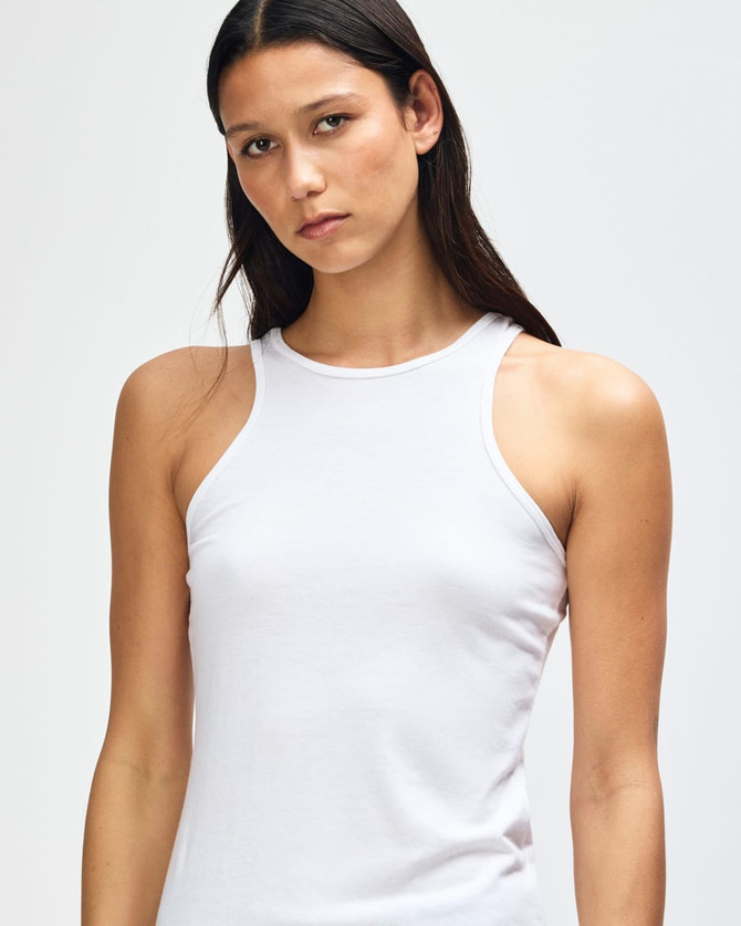 A white women's racerneck tank top featuring a form-fitting design and a logo.