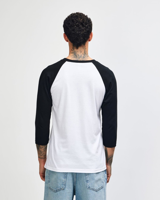 A unisex raglan T-shirt with white body and black sleeves, featuring a back view and a logo.