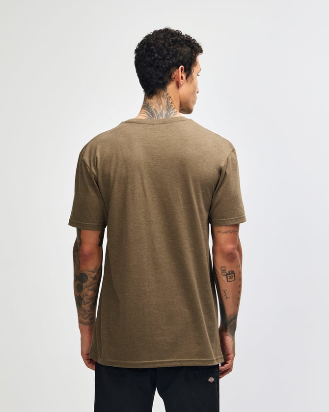 A unisex Henley T-shirt in brown, featuring a logo, viewed from the back.