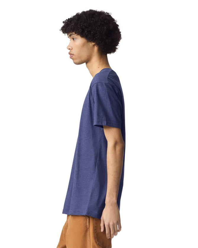 A unisex henley T-shirt in navy blue, featuring a simple design and side profile view. It has a branding logo.