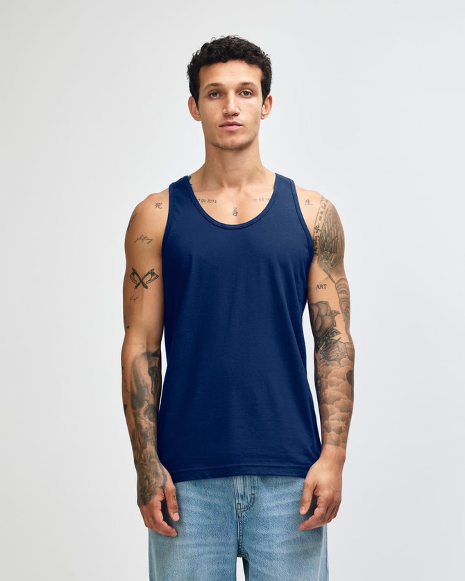 A unisex fine jersey tank top in navy blue with a contrasting red side design. Features a logo on the garment.