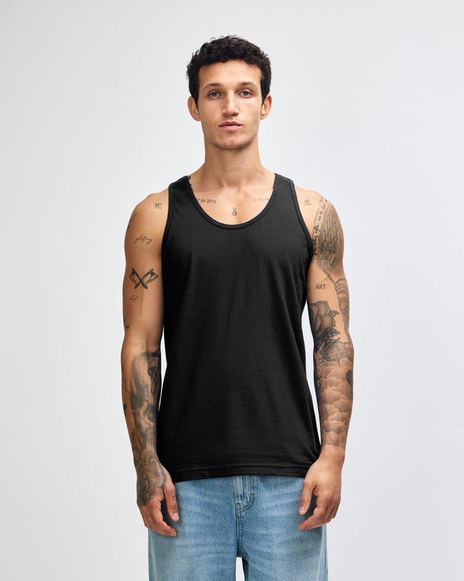 A black unisex fine jersey tank top displayed on a model, featuring a logo.