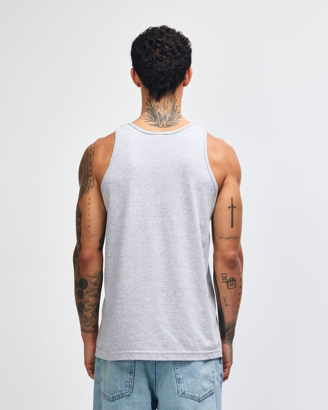 A back view of a grey unisex fine jersey tank top, featuring a simple design and no visible logos.