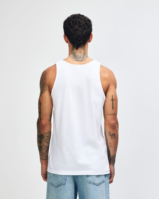 A white unisex fine jersey tank top displayed from the back. The garment features a logo.