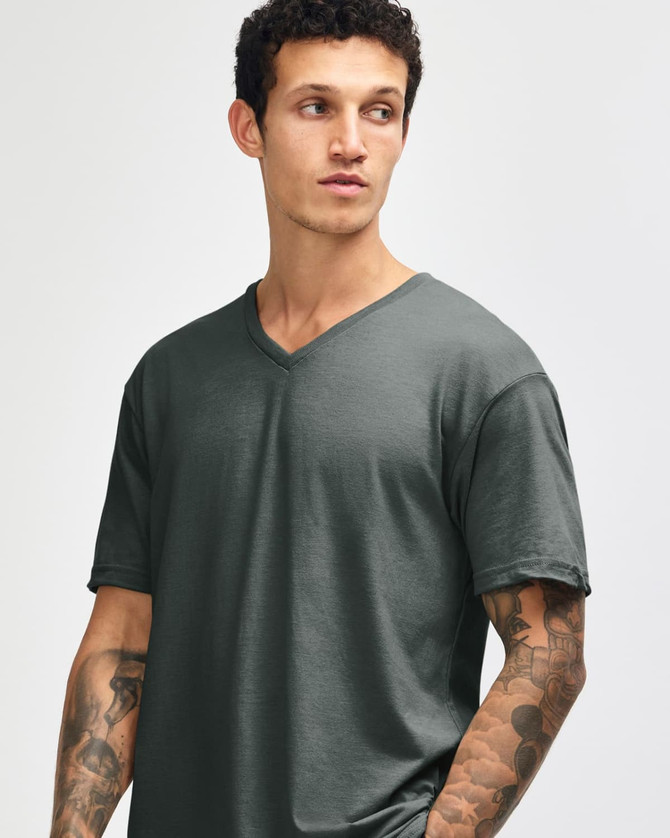 A unisex V-neck T-shirt in charcoal grey with short sleeves, featuring a logo.