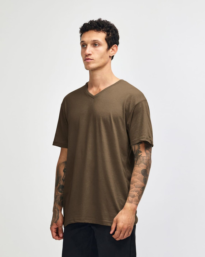 A unisex olive green V-neck T-shirt with short sleeves, featuring a branding logo.