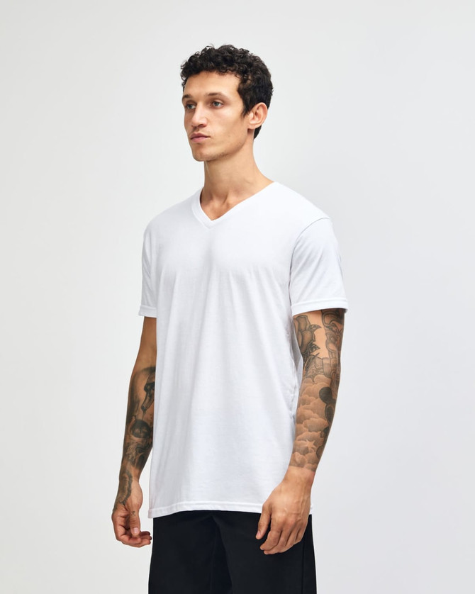 A white unisex V-neck T-shirt in a side view, featuring a simple design and a slight fit.