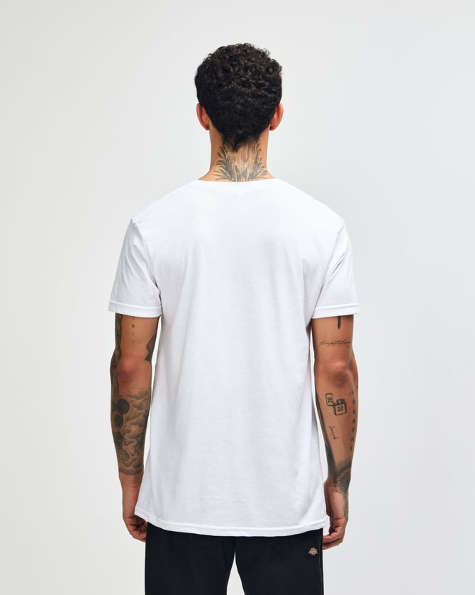 A white unisex V-neck T-shirt with short sleeves, featuring a plain back and a logo on the side.