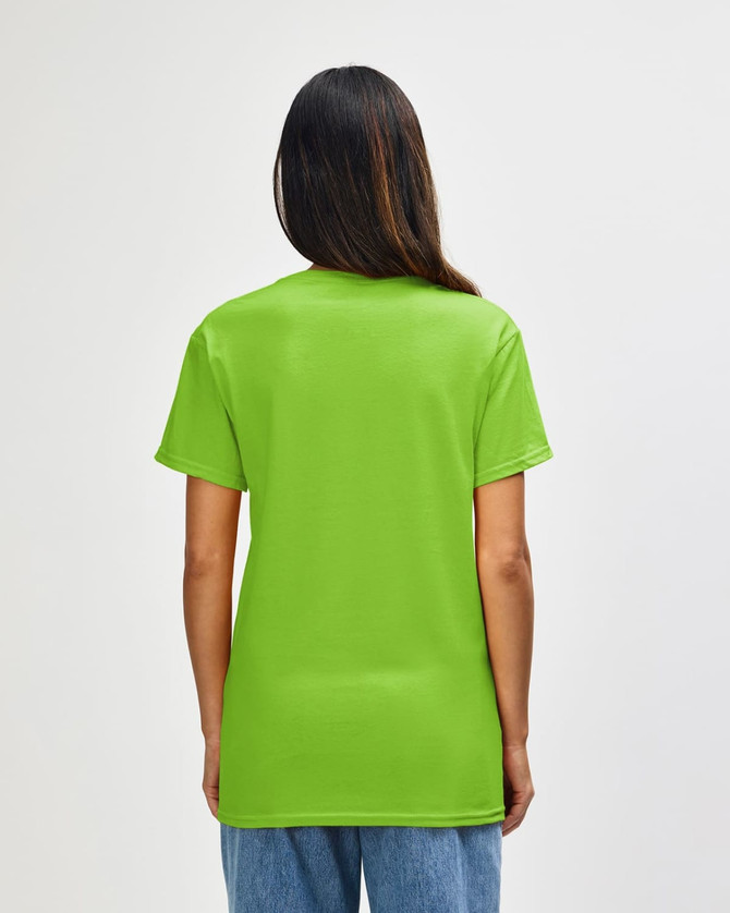 A green Gildan Heavy Cotton Adult T-Shirt is displayed, featuring a plain back design.