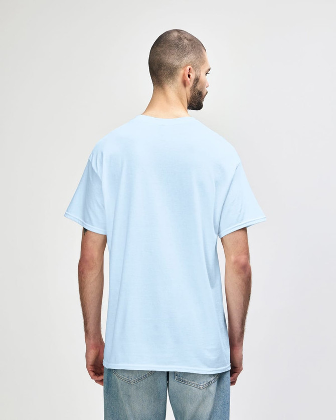 A light blue Gildan Heavy Cotton adult T-shirt displayed from the back, featuring a plain design and short sleeves.