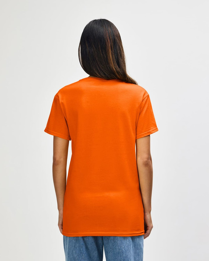 An orange Gildan Heavy Cotton Adult T-Shirt displayed from the back, featuring a plain design and short sleeves.