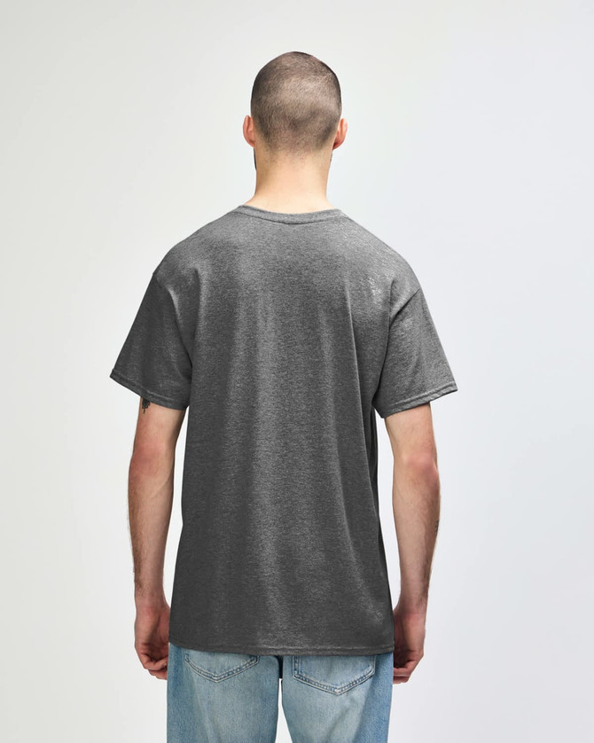 A grey Gildan Heavy Cotton adult t-shirt viewed from the back, featuring a simple design and short sleeves.