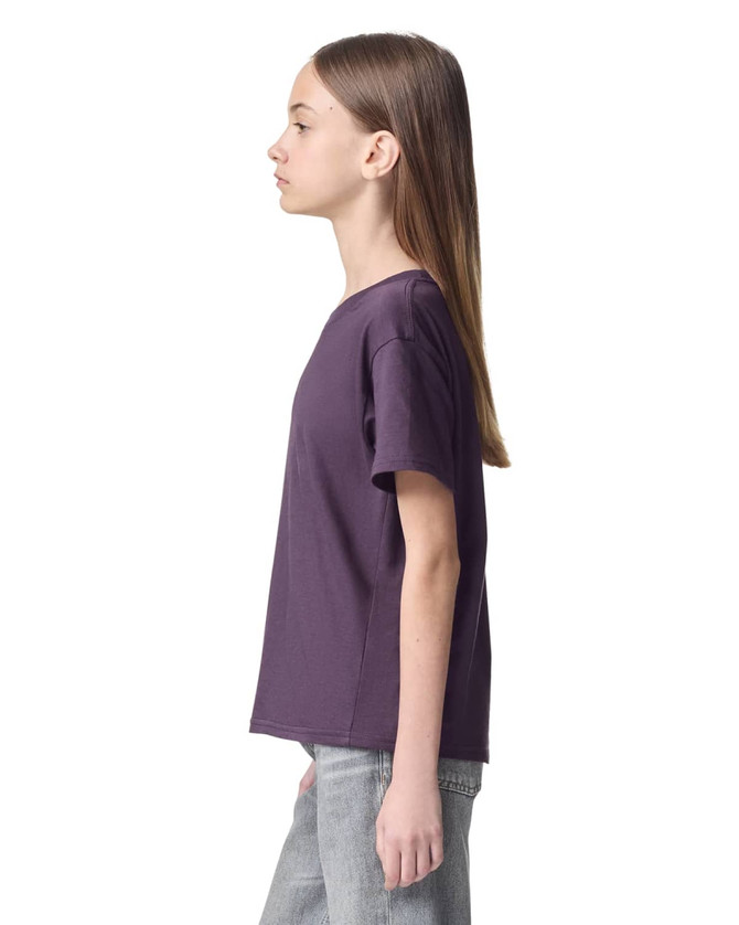 A youth T-shirt in deep purple, featuring a simple design and a logo on the front.