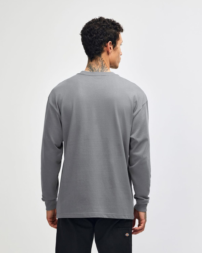 A grey long sleeve t-shirt with a simple design and a logo on the back.