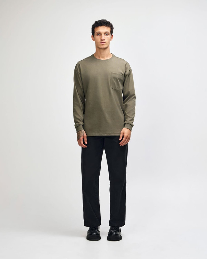 An olive green heavyweight long-sleeve t-shirt with a chest pocket, paired with matching olive green trousers.