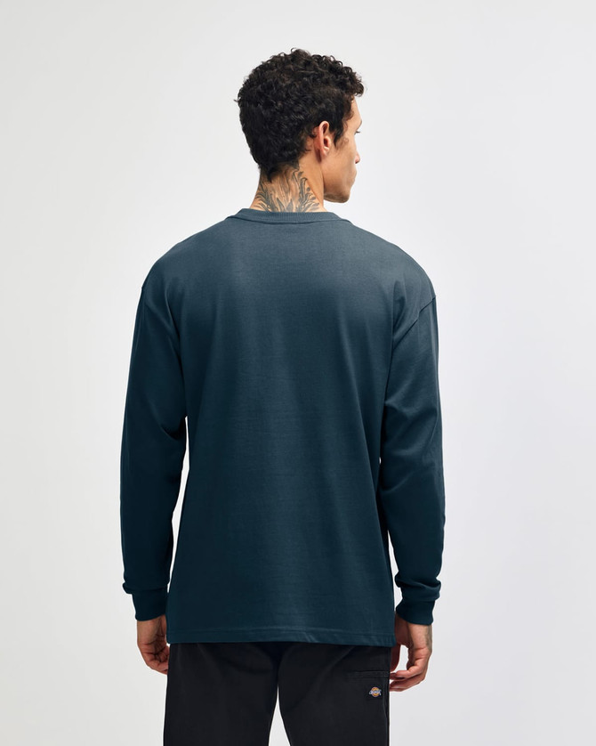 A navy blue super heavyweight T-shirt viewed from the back, featuring long sleeves and a plain design.