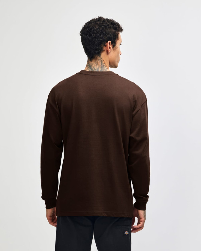 A brown heavyweight t-shirt with long sleeves, viewed from the back, featuring a plain design and a logo.