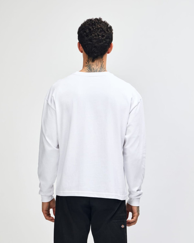 A long-sleeve, super heavyweight T-shirt in light grey, featuring a plain back and casual fit.