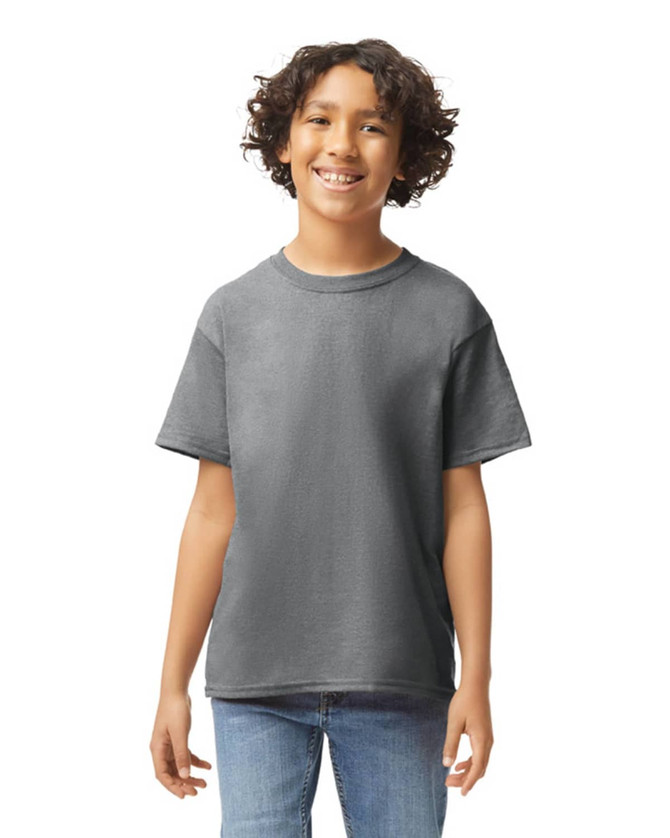 A youth t-shirt in dark grey, featuring a relaxed fit and short sleeves, with a subtle logo.