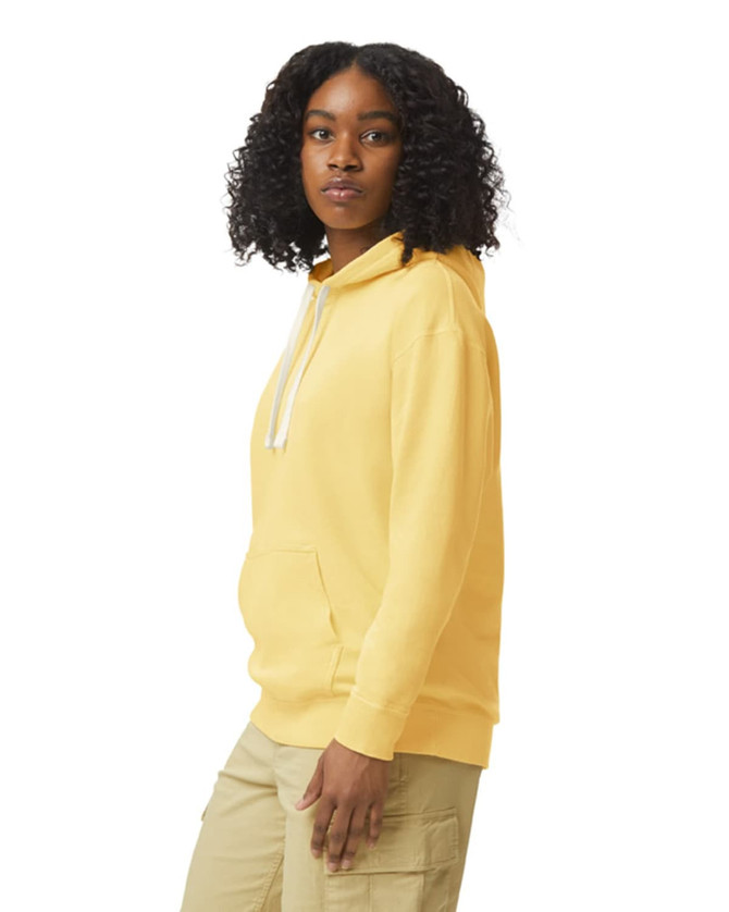 A lightweight hooded sweatshirt in yellow with a front pocket and white drawstrings. Features a logo.