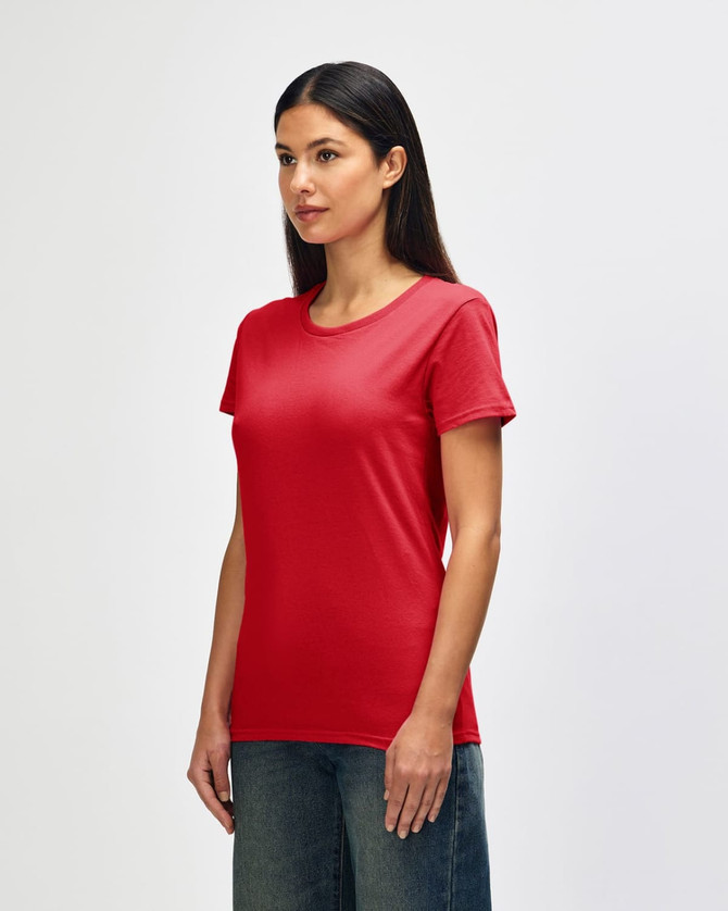 A red Gildan Heavy Cotton Ladies' T-Shirt displayed on a model, featuring a classic fit and short sleeves.