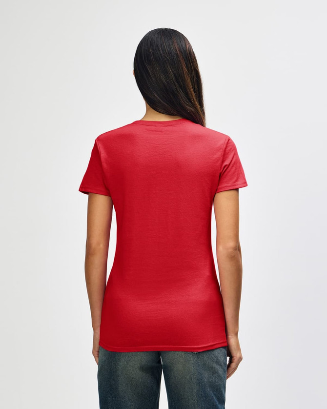 A red Gildan Heavy Cotton ladies' T-shirt displayed from the back, featuring a fitted style and short sleeves.