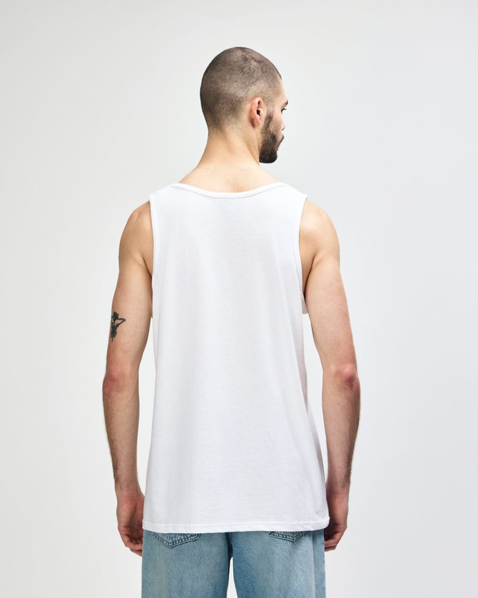 A white Gildan Heavy Cotton adult tank top, viewed from the back, featuring a plain design and a slightly loose fit.