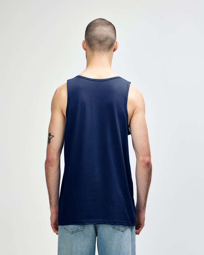 A navy Gildan Heavy Cotton adult tank top featuring a back view, showcasing its simple design and fit.