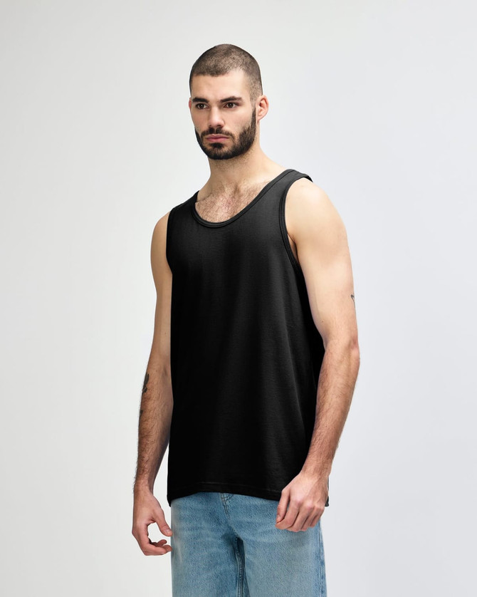 A black Gildan Heavy Cotton adult tank top with a relaxed fit, featuring a logo.