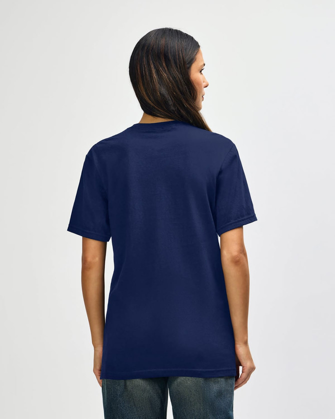 A navy blue Gildan Softstyle adult T-shirt viewed from the back, featuring a plain design and a logo.