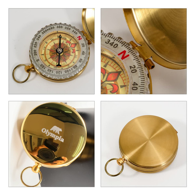 A gold compass with a decorative face, featuring a logo on the glossy surface and a ring for attachment.
