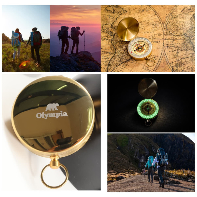 A gold compass with a logo, featuring luminous details and surrounded by scenic outdoor hiking images.