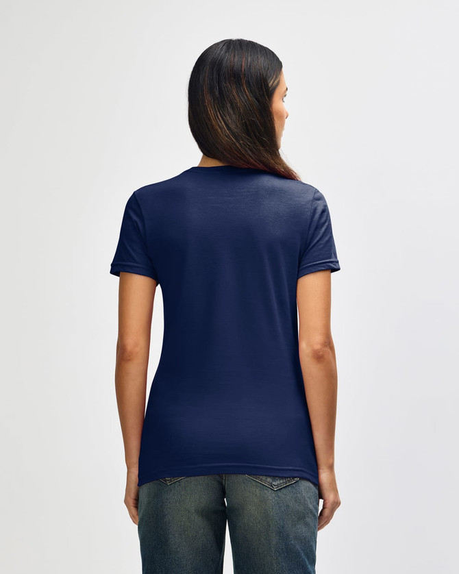 A navy blue ladies' t-shirt, featuring a fitted design and short sleeves, with a logo on the back.