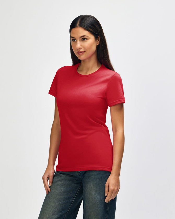 A red Gildan Softstyle ladies' T-shirt displayed on a model, featuring short sleeves and a fitted style.