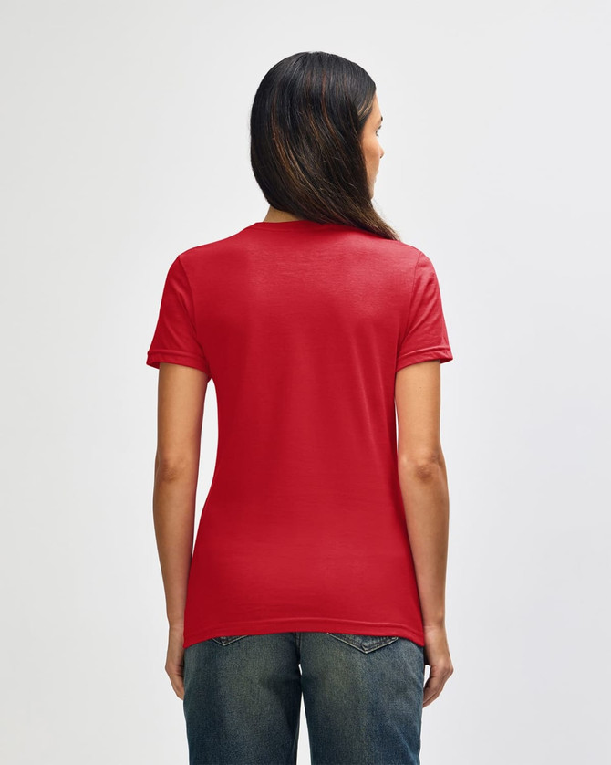 A red Gildan Softstyle ladies' t-shirt, viewed from the back, with a fitted design and short sleeves.