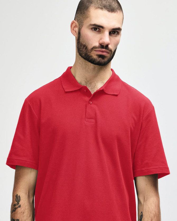 A red adult polo shirt with a collar and three-button placket, featuring a logo on the chest.