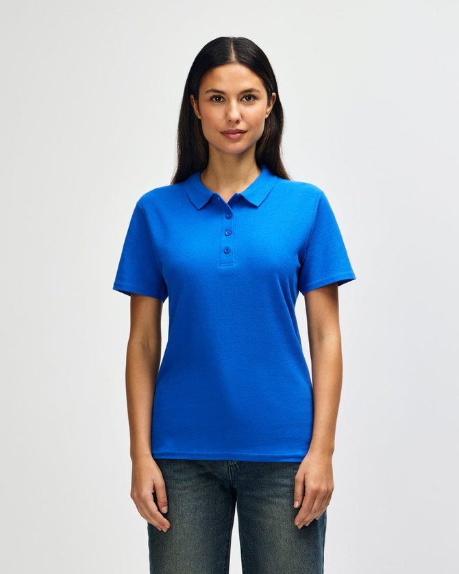 A blue ladies' polo shirt with a collar and short sleeves, featuring a logo on the chest.