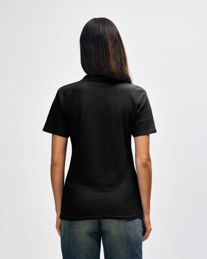 A black and red Gildan Softstyle ladies' double pique polo, featuring a back view of the garment.