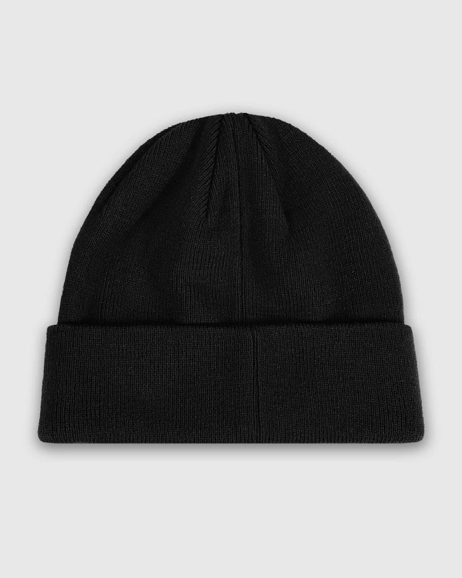 A black knit watch cap with a rolled brim, featuring a logo on the side.