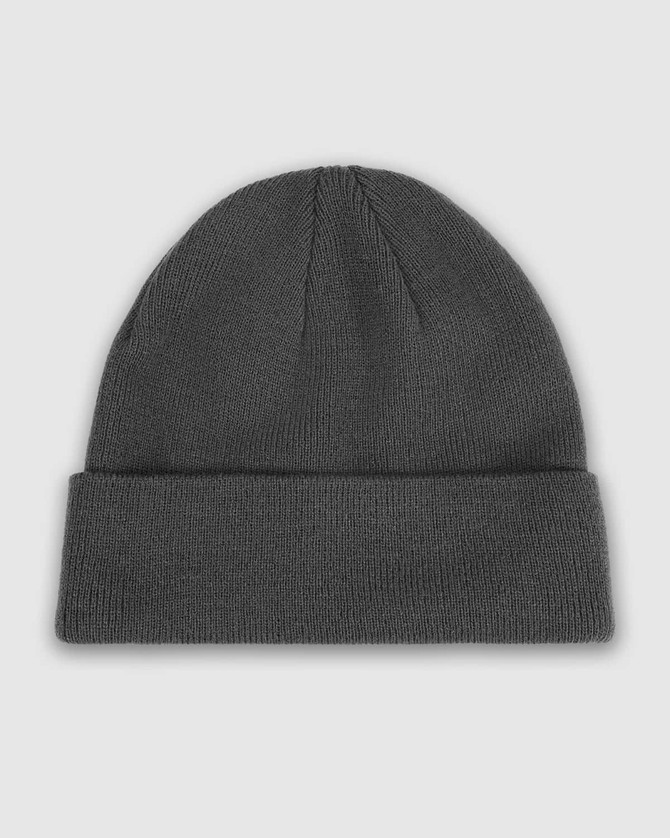 A grey watch cap with a folded cuff, featuring a simple knitted texture and a logo.