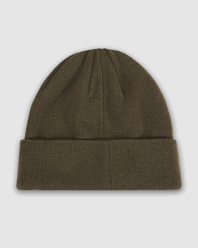 A green American Apparel watch cap with a ribbed design and a folded cuff. It features a subtle branding detail.