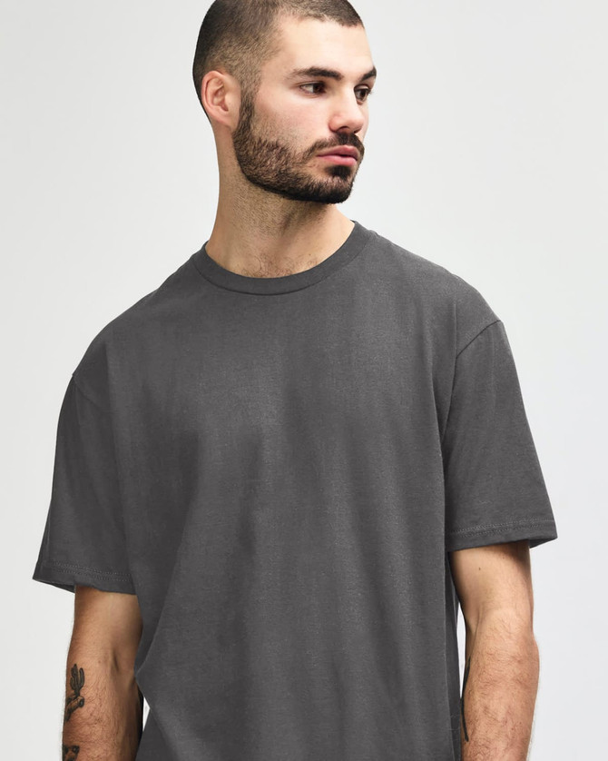 A midweight adult t-shirt in olive green, featuring a simple design and short sleeves. It has a logo on it.