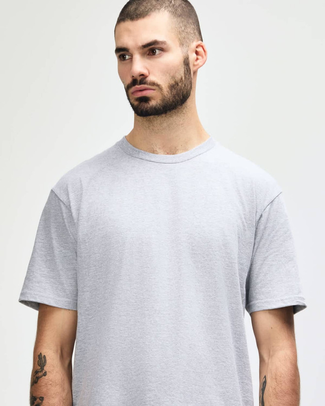 A grey midweight T-shirt with a relaxed fit, featuring a brand logo.